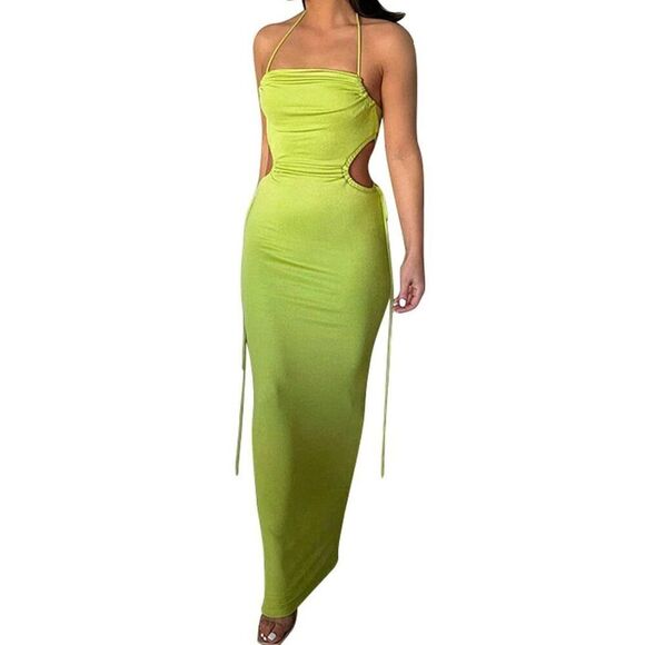 Belle MEDIUM Green Women's Sexy Halter Neck Hollow Out Maxi Dress Y2K Cutout Wai - Picture 1 of 10